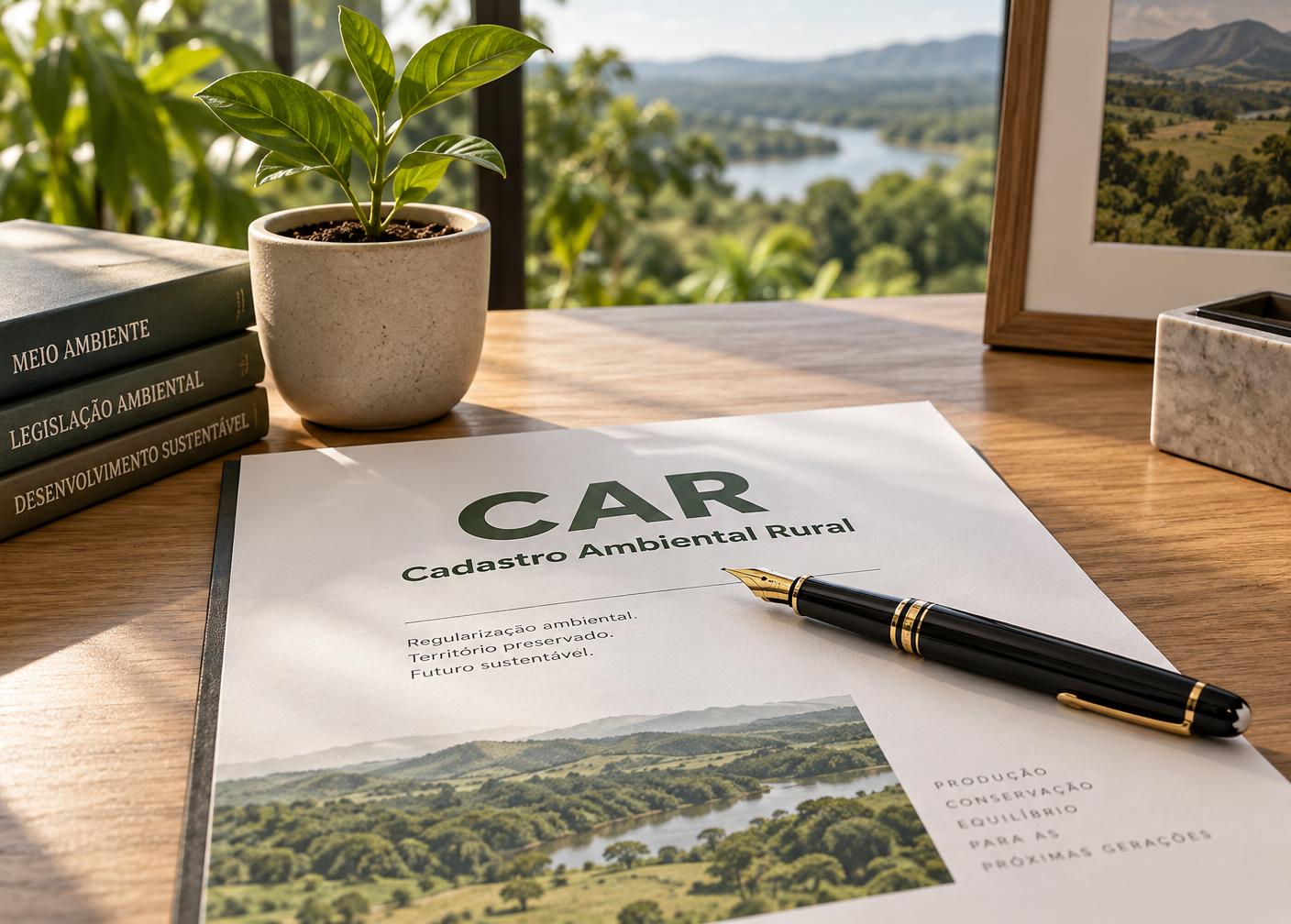 Cadastro Ambiental Rural sobre mesa com caneta e muda